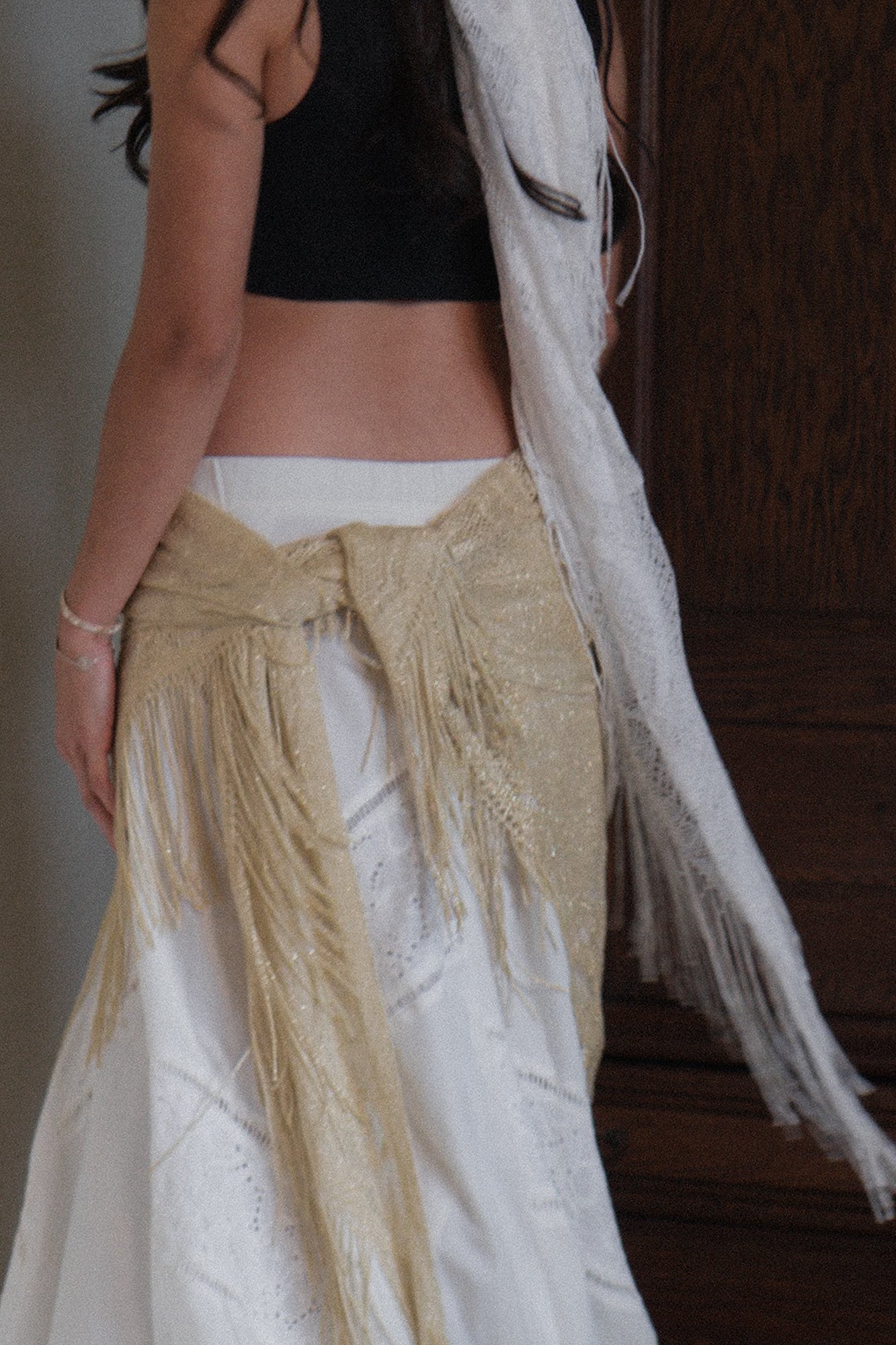 Vintage Gold Crochet Fringe Shawl