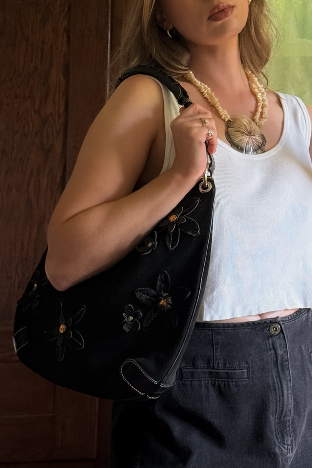 Vintage Italian Black Suede Floral Hobo Bag