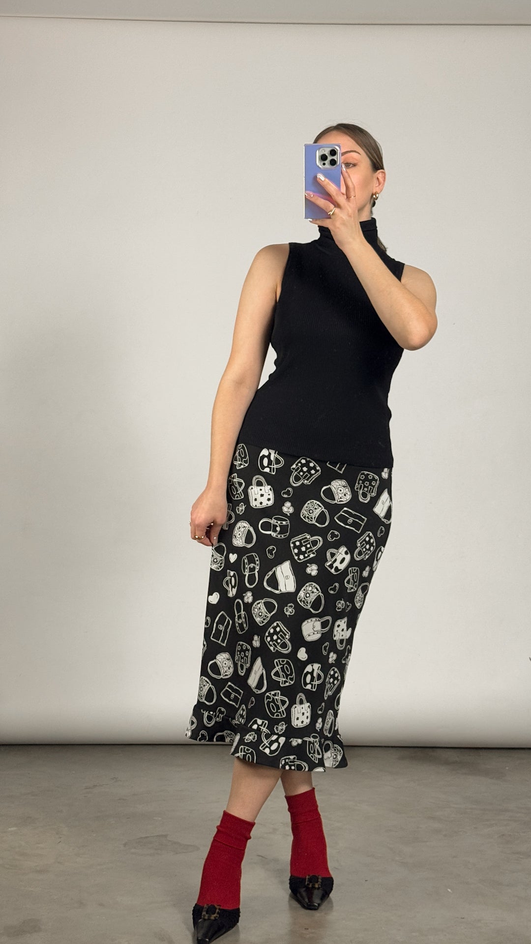 Vintage Whimsy Bag Print Midi Skirt