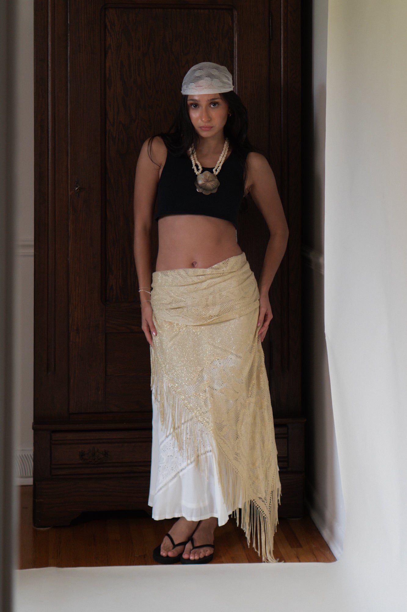 Vintage Gold Crochet Fringe Shawl