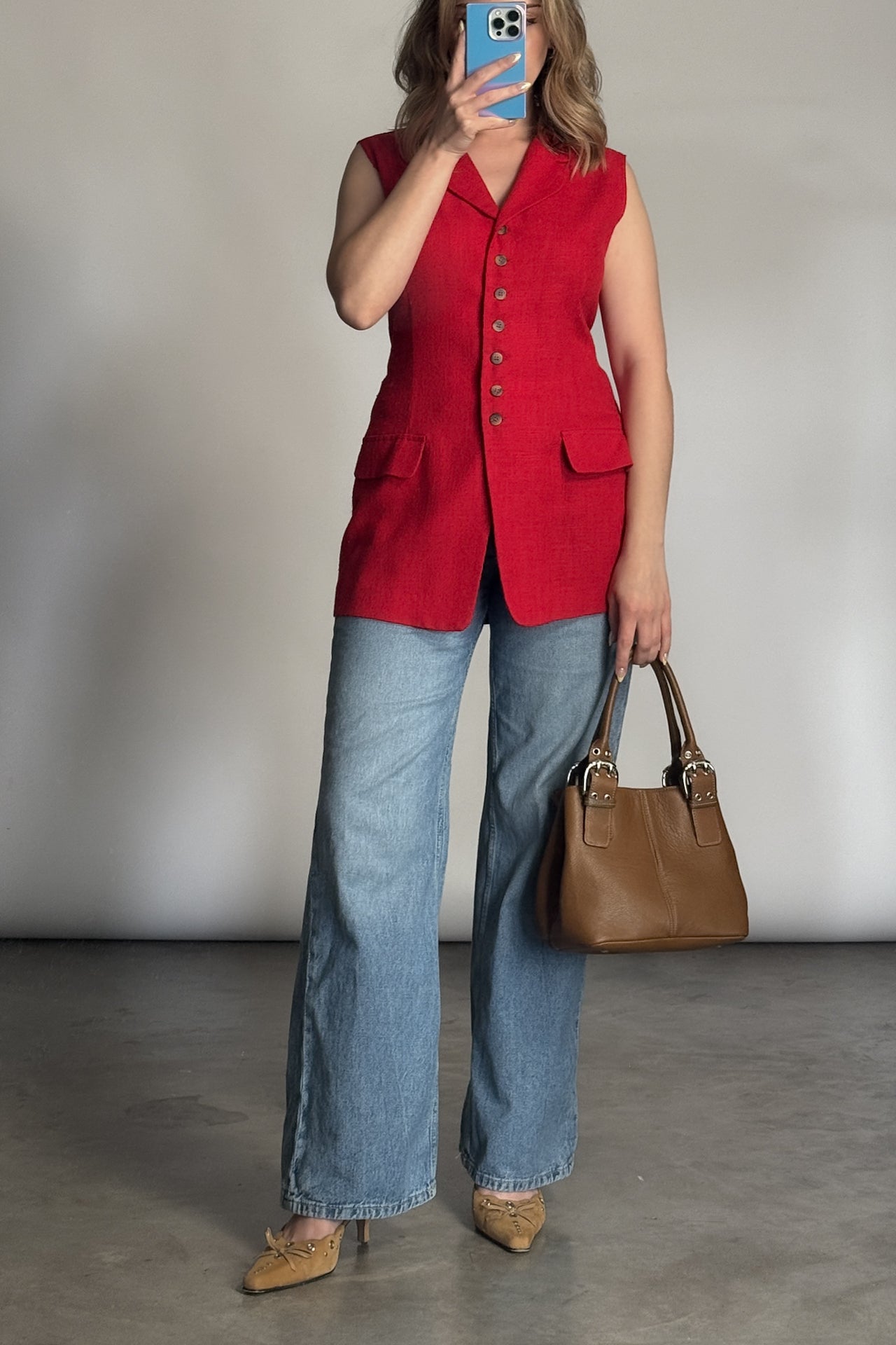 VTG Cherry Red Linen Blend Long Vest