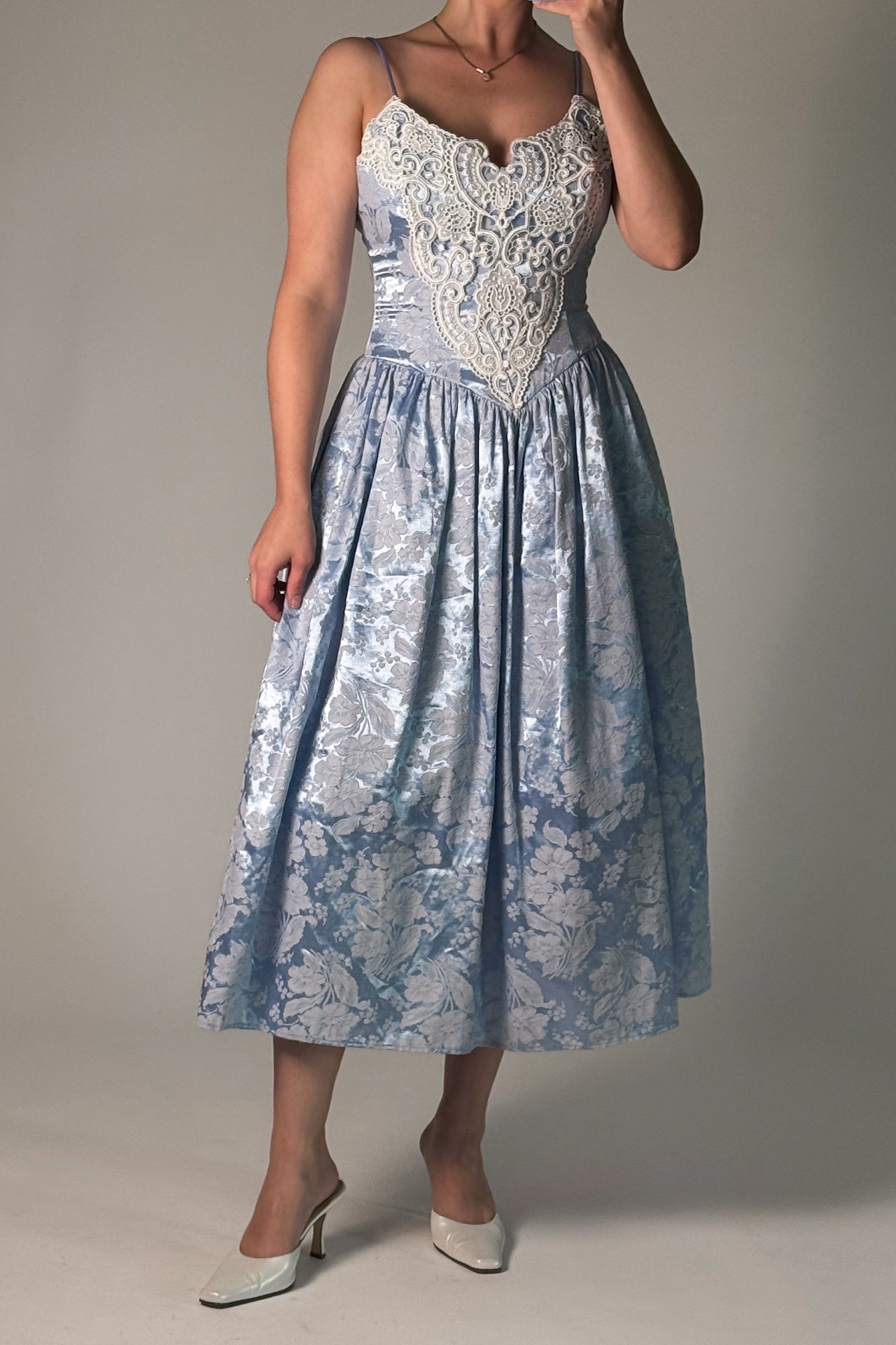 Vintage 90s Floral Jacquard Blue Party Dress