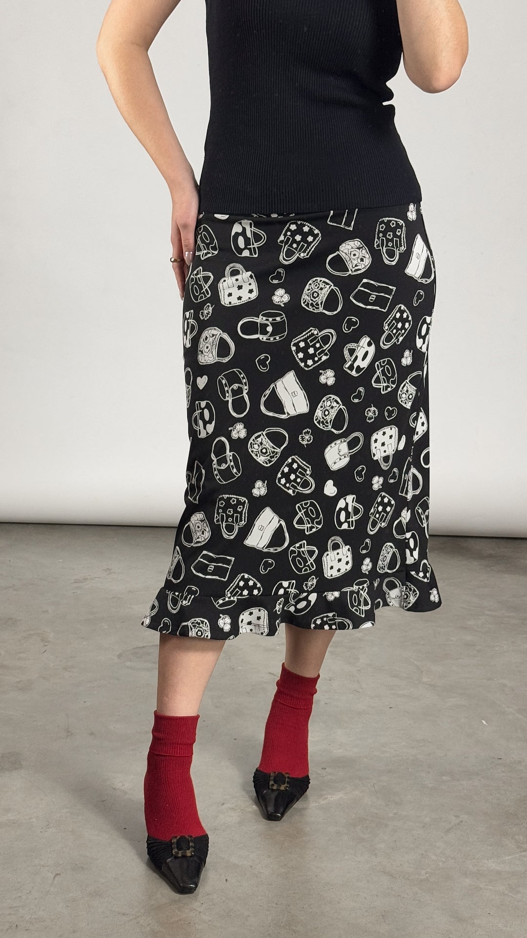 Vintage Whimsy Bag Print Midi Skirt