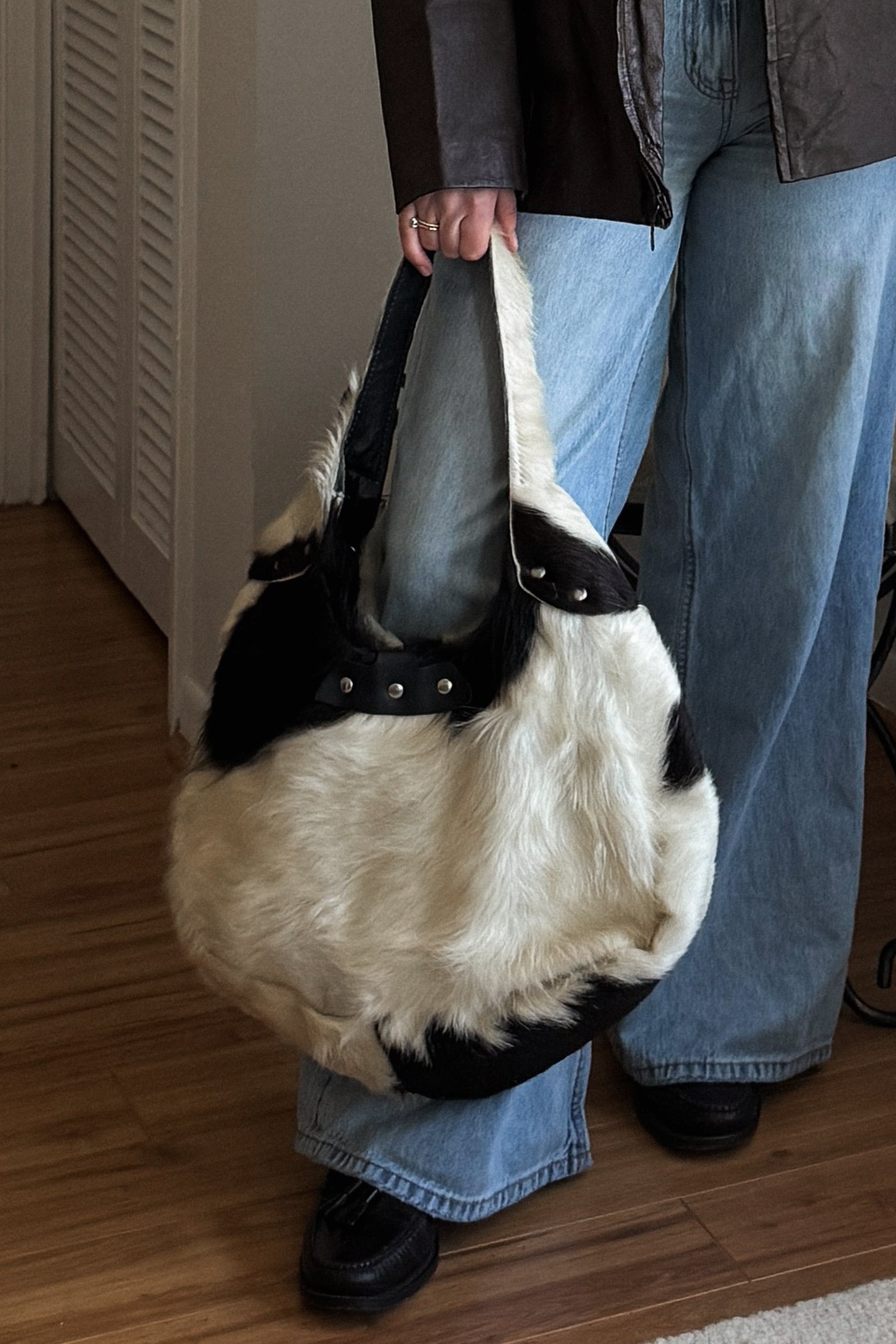 Vintage Artisan Made Genuine Calf Hair Large Hobo Bag
