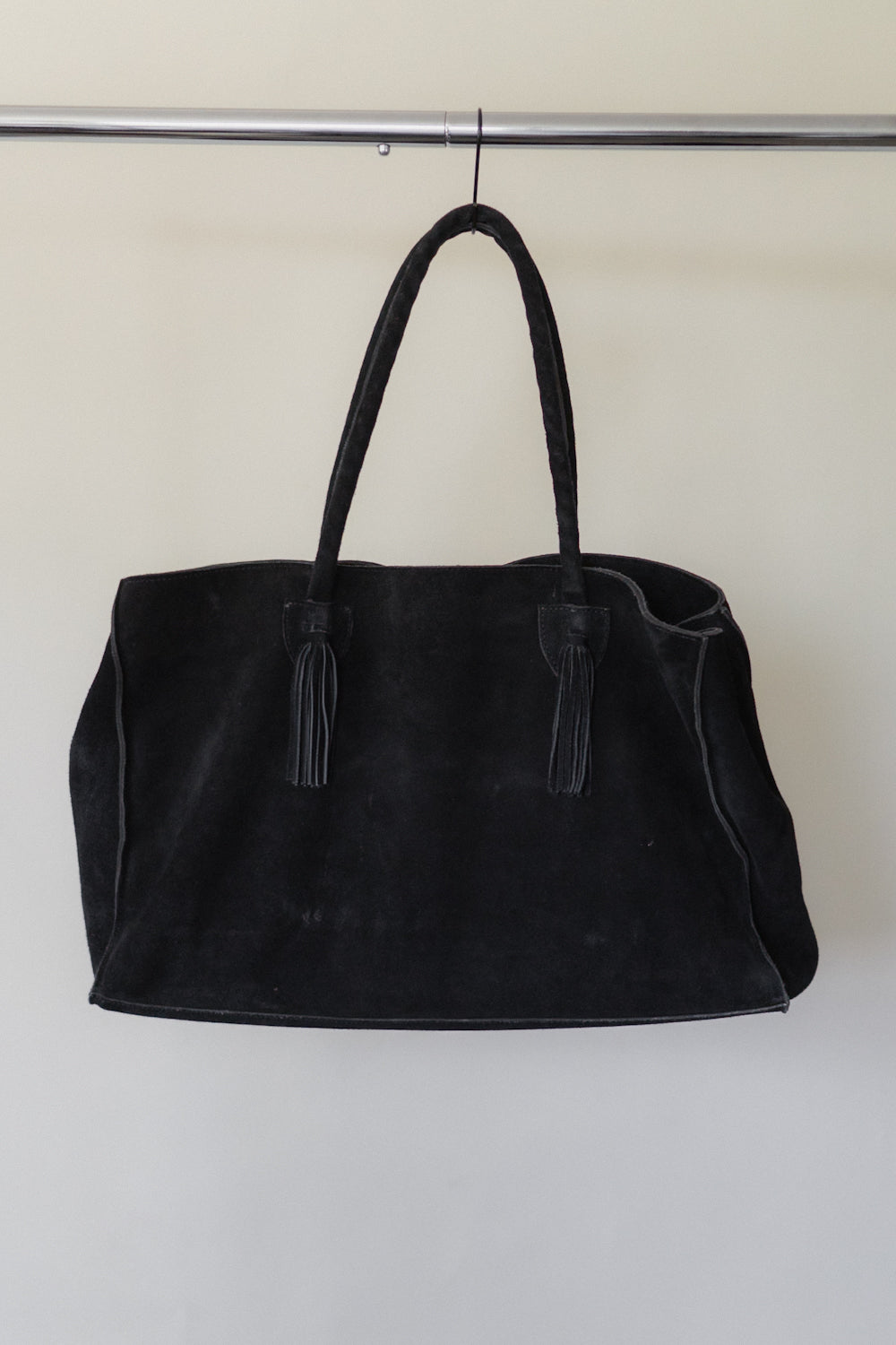 Oversized Black Suede Fringe Tote