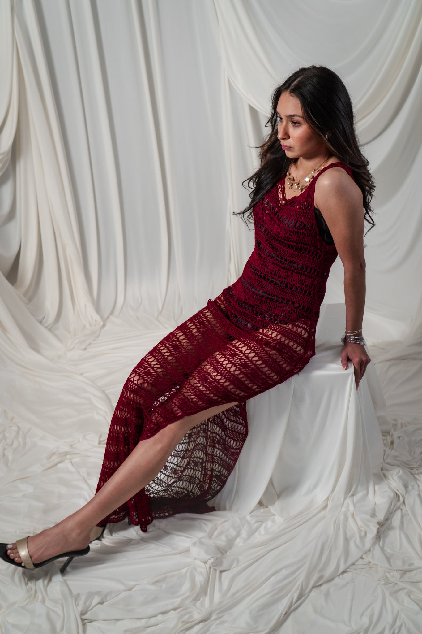 Vintage Maroon Crochet Maxi Dress