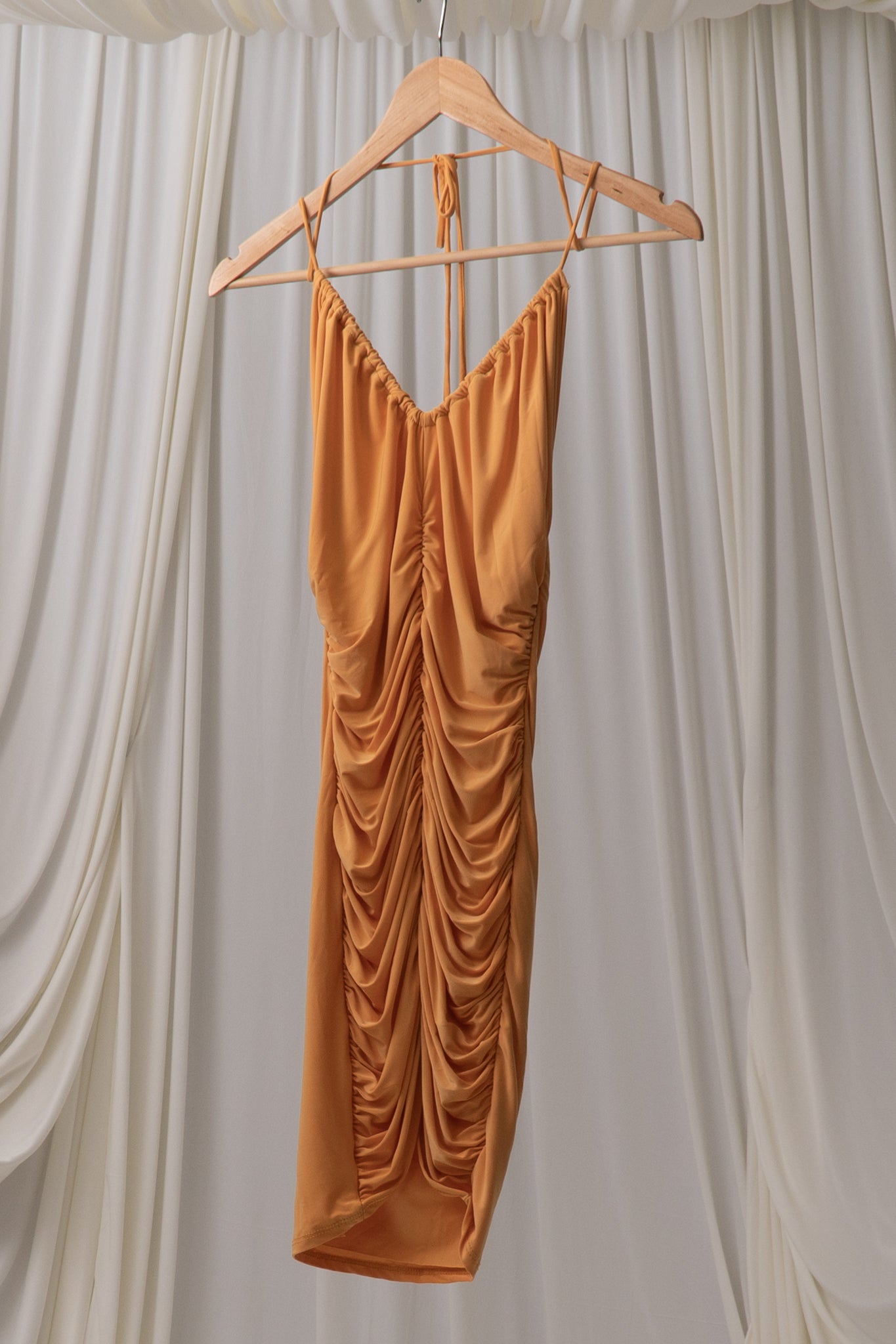 Y2K Sunset Orange Ruched Halter Dress