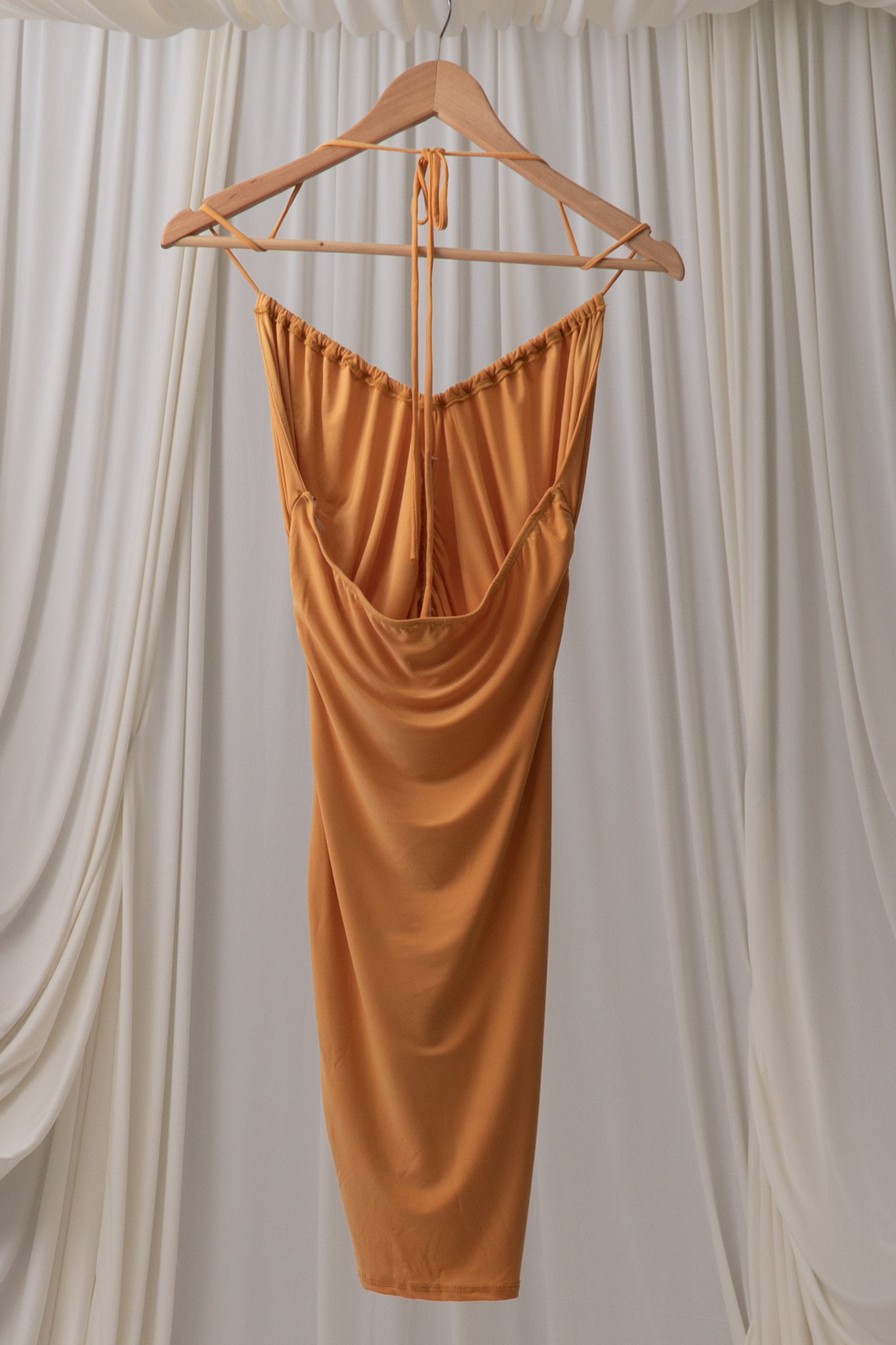 Y2K Sunset Orange Ruched Halter Dress