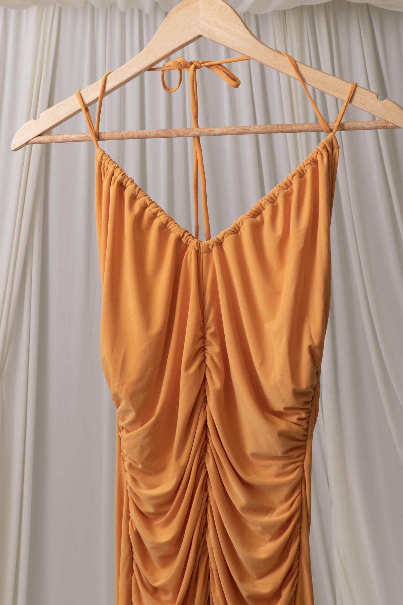 Y2K Sunset Orange Ruched Halter Dress