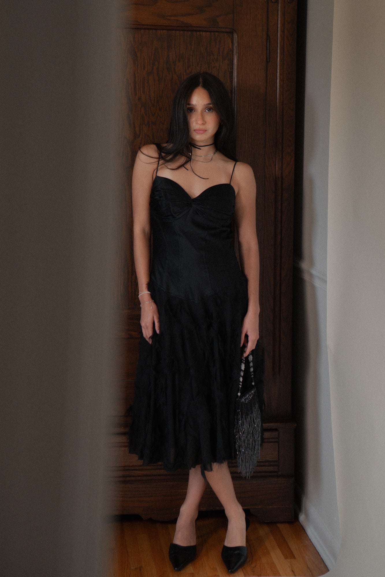 Vintage Black Silk Drop Waist Dress