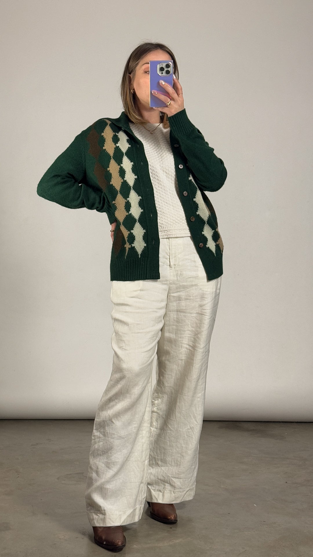 VTG Green Argyle Knit Cardigan