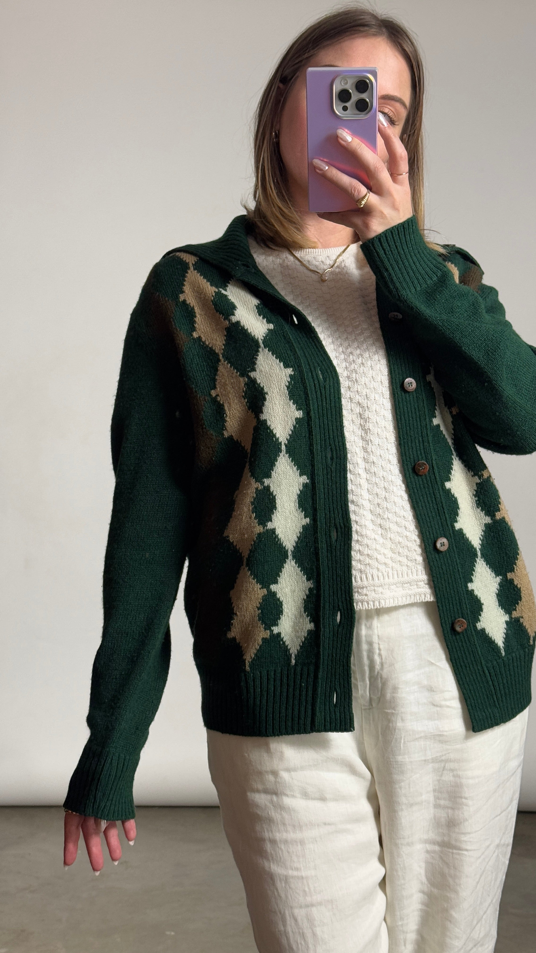 VTG Green Argyle Knit Cardigan