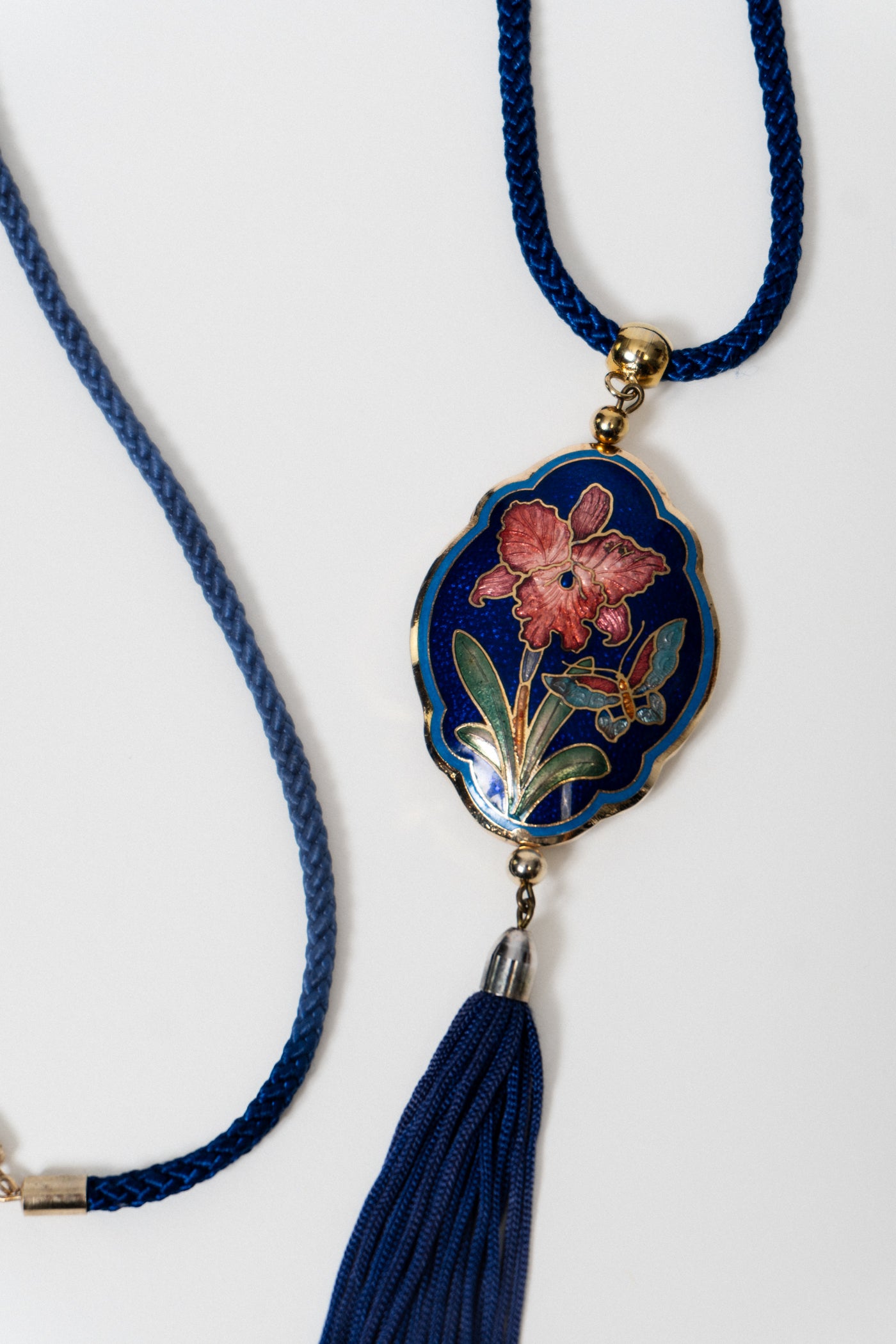 Vintage Blue Cloisonne Tiger Lily Tassel Pendant Necklace