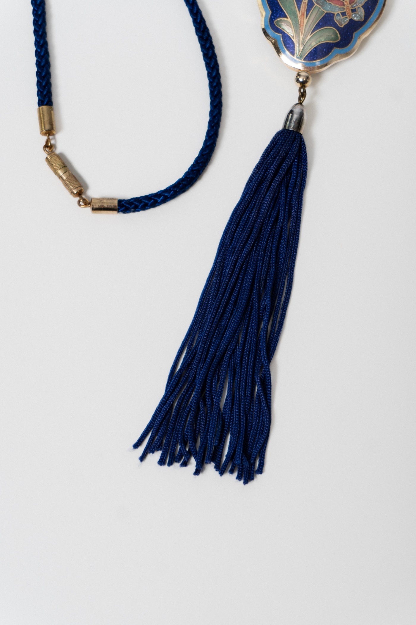 Vintage Blue Cloisonne Tiger Lily Tassel Pendant Necklace