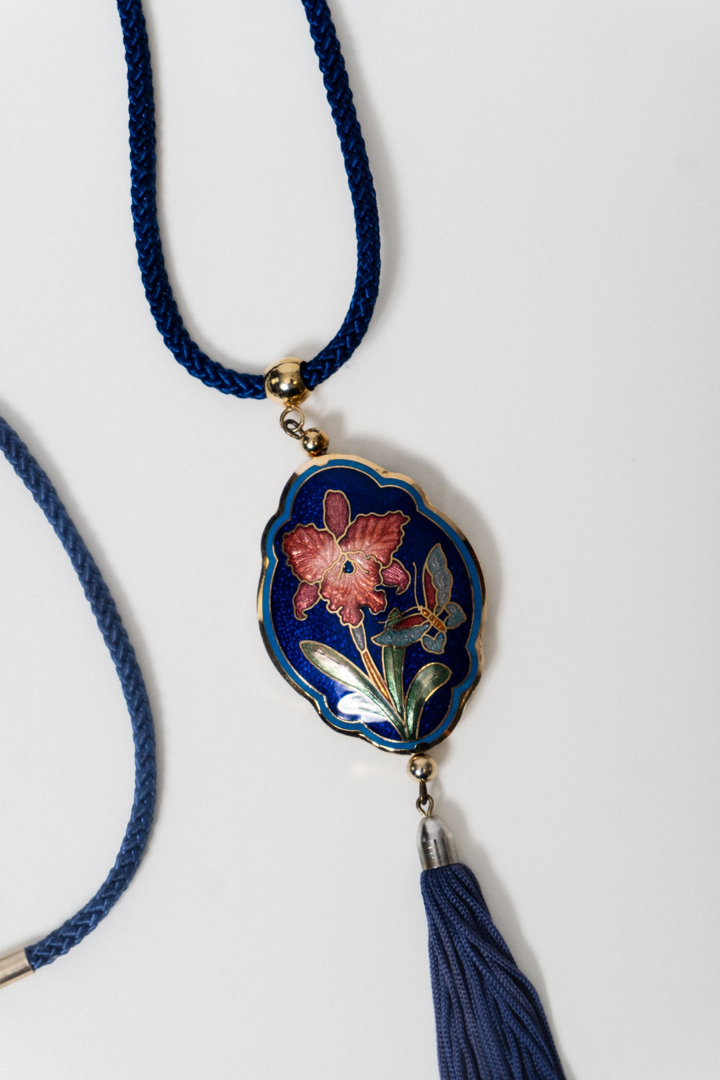 Vintage Blue Cloisonne Tiger Lily Tassel Pendant Necklace
