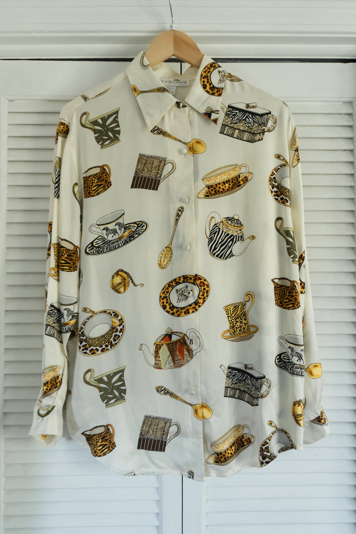Vintage RARE Silk Tea Cup Animal Print Button Up