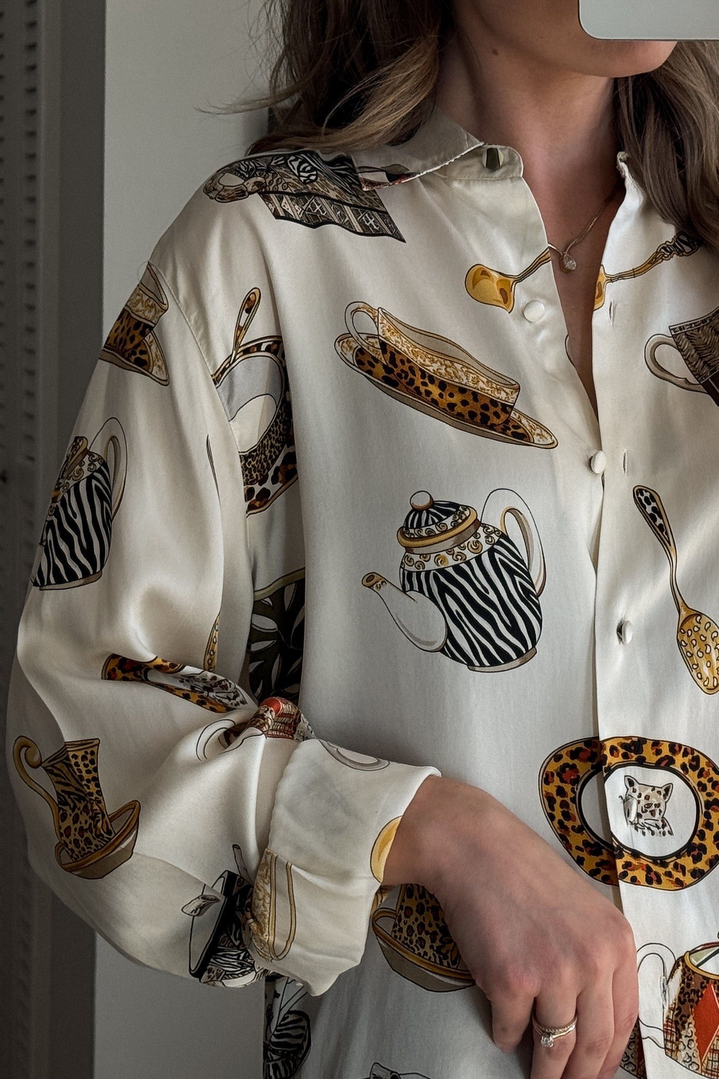 Vintage RARE Silk Tea Cup Animal Print Button Up