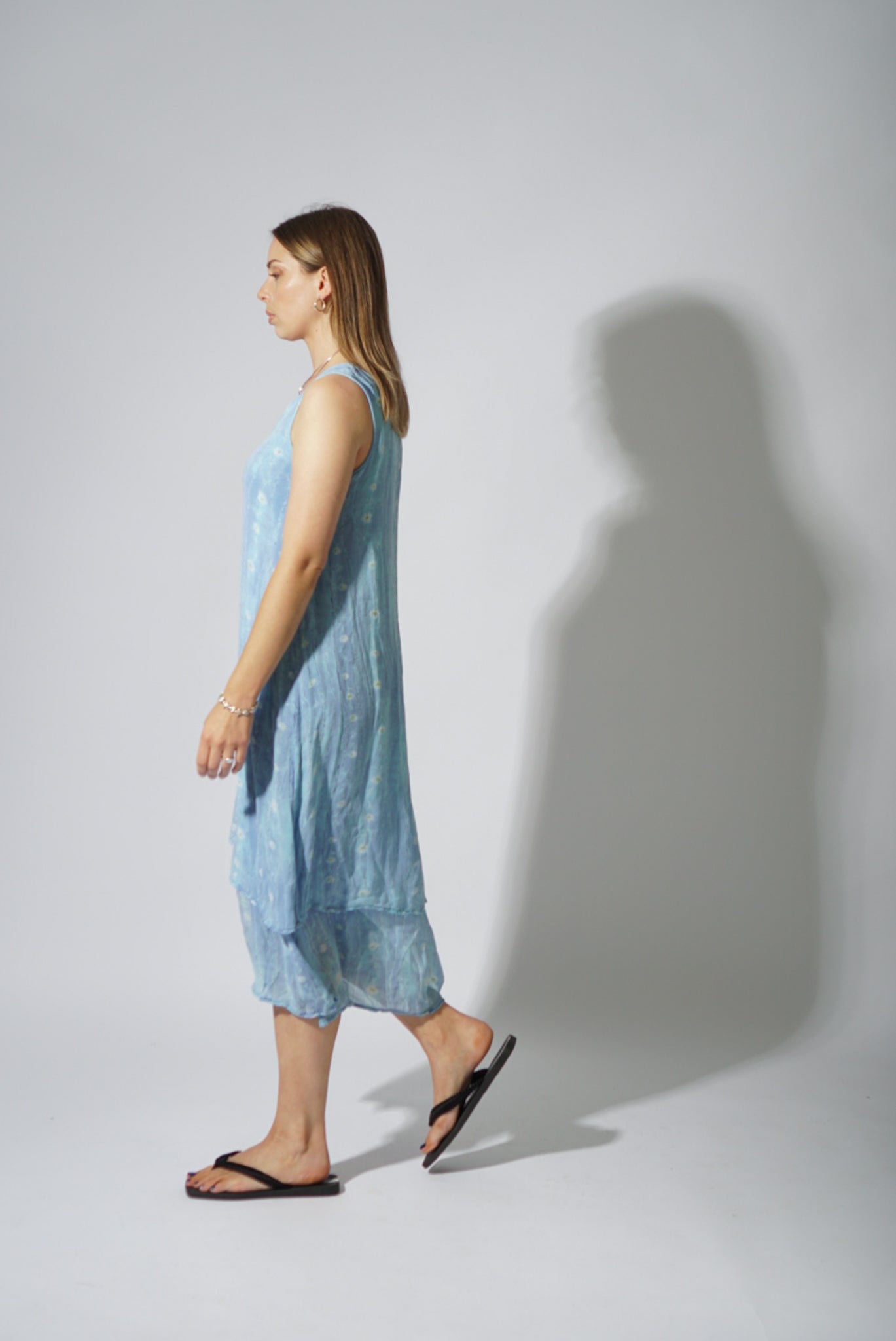 Vintage Blue Floral Chiffon Layered Dress